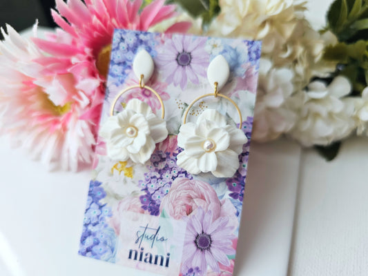 Flower Earrings, Polymer Clay Earrings, Neutral, Beige, White, Black Earrings