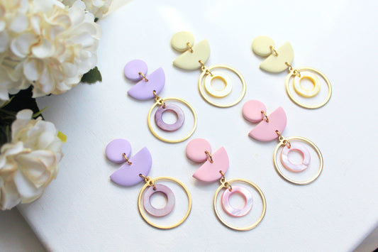 Geometric Earrings, Statement Earrings with Natural Shell, Polymer Clay Earrings, Summer