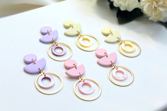 Geometric Earrings, Statement Earrings with Natural Shell, Polymer Clay Earrings, Summer