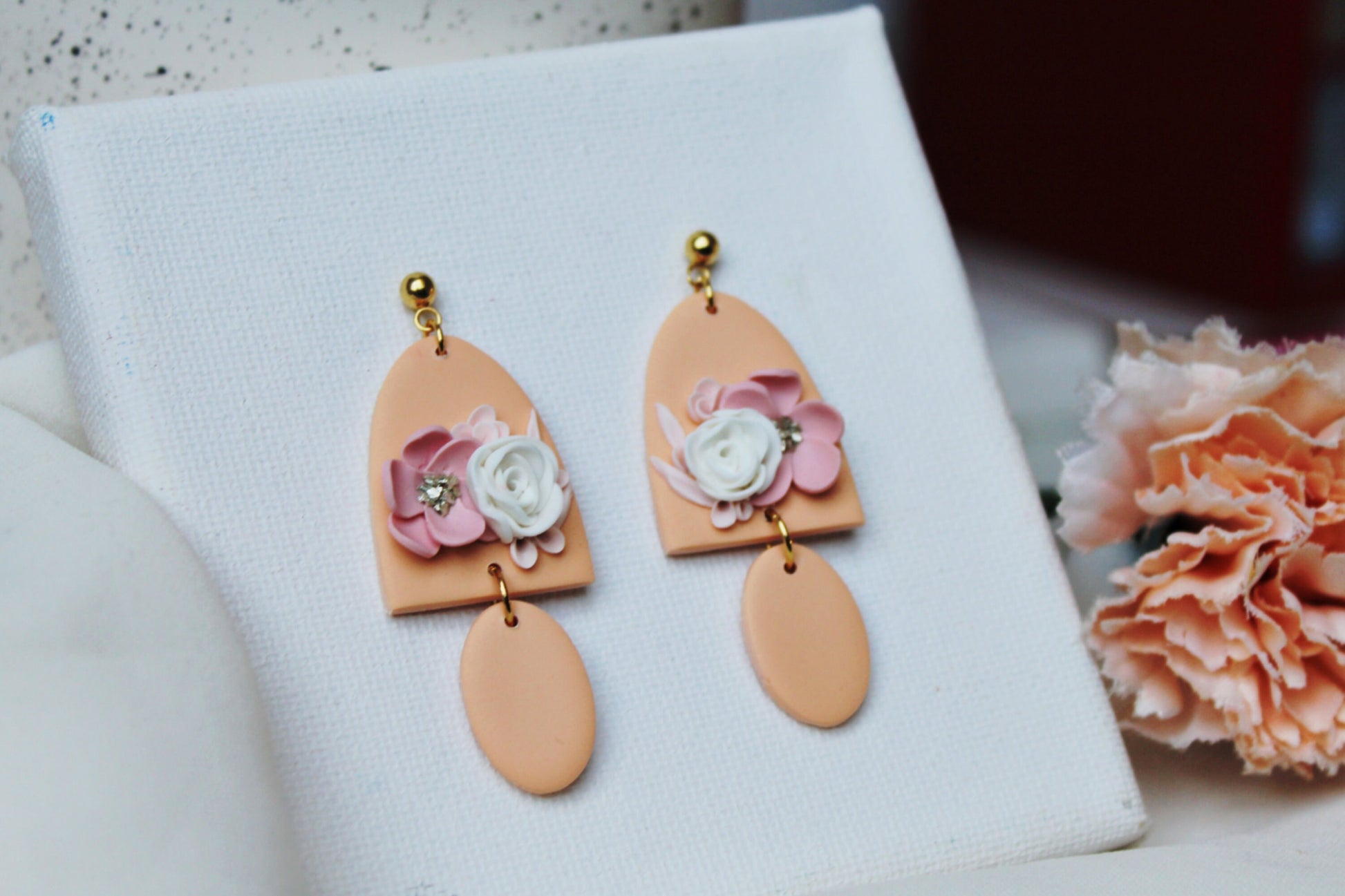 Peach Earrings, Flower Earrings, Polymer Clay Earrings, Spring Earrings, Clay Earrings, Floral, Bridal, Statement Earrings, Elegant,Handmade