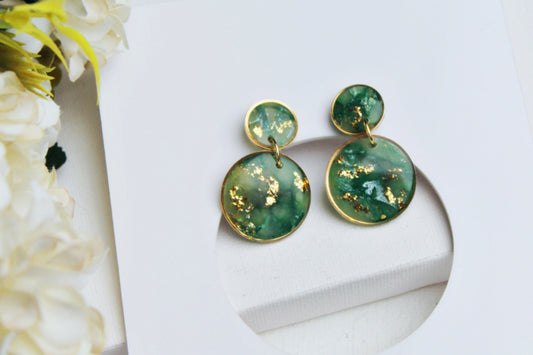 Round Earrings, Golden Circle Earrings, Green Marble Earrings, Statement Earrings, Elegant Earrings,Polymer Clay Earrings,Everyday Earrings
