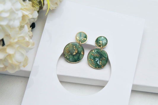 Round Earrings, Golden Circle Earrings, Green Marble Earrings, Statement Earrings, Elegant Earrings,Polymer Clay Earrings,Everyday Earrings