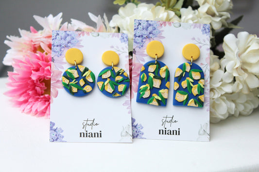 Lemon Earrings, Summer Earrings, Handmade Earrings, Blue, Yellow, Statement Earrings, Spring Earrings, Polymer Clay Earrings, Best Seller
