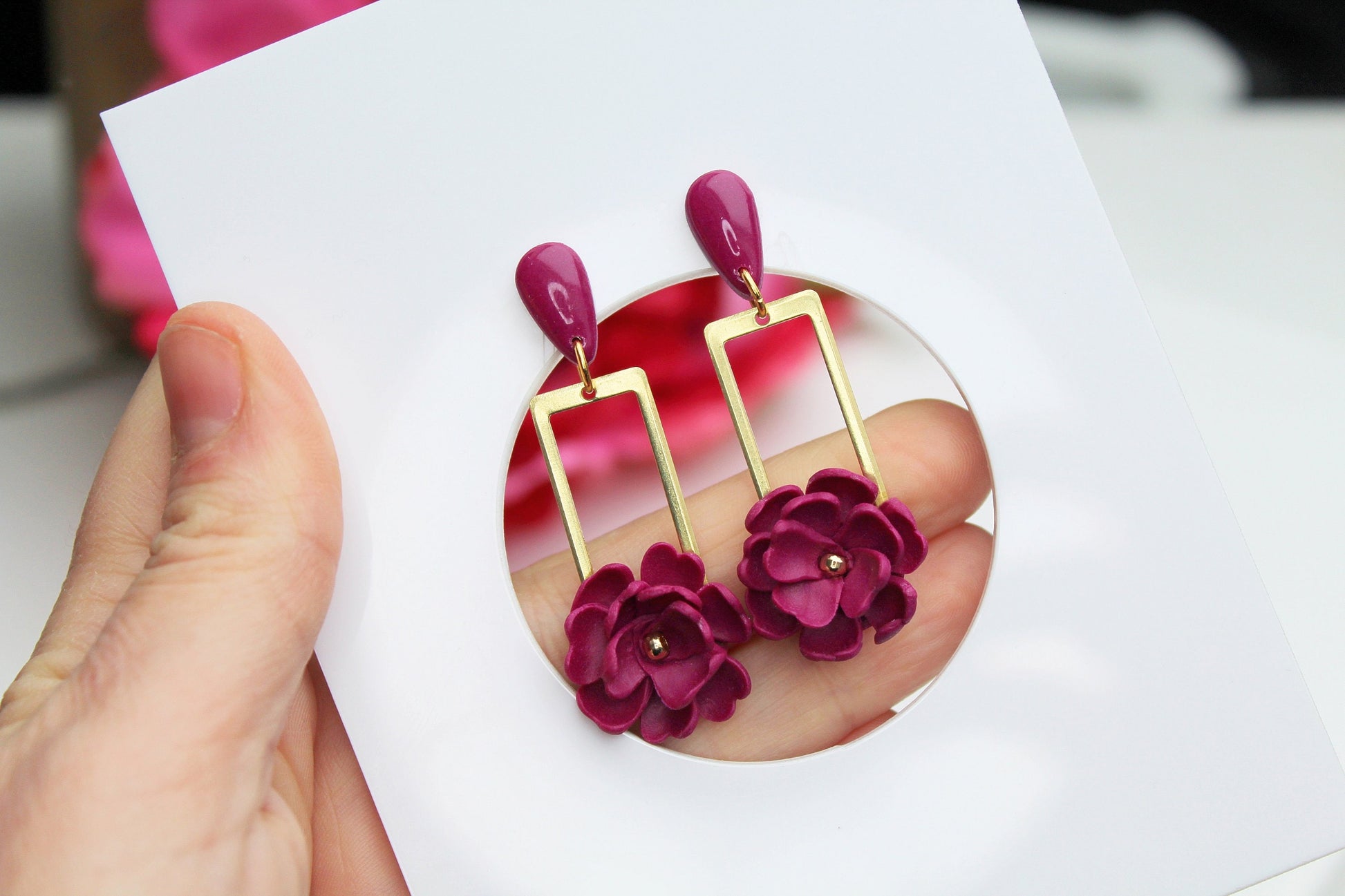 Dangle Floral Earrings, Flower Earrings, Burgundy Earrings, Polymer Clay Earrings, Spring Earrings, Earrings, Handmade Earrings, Statement