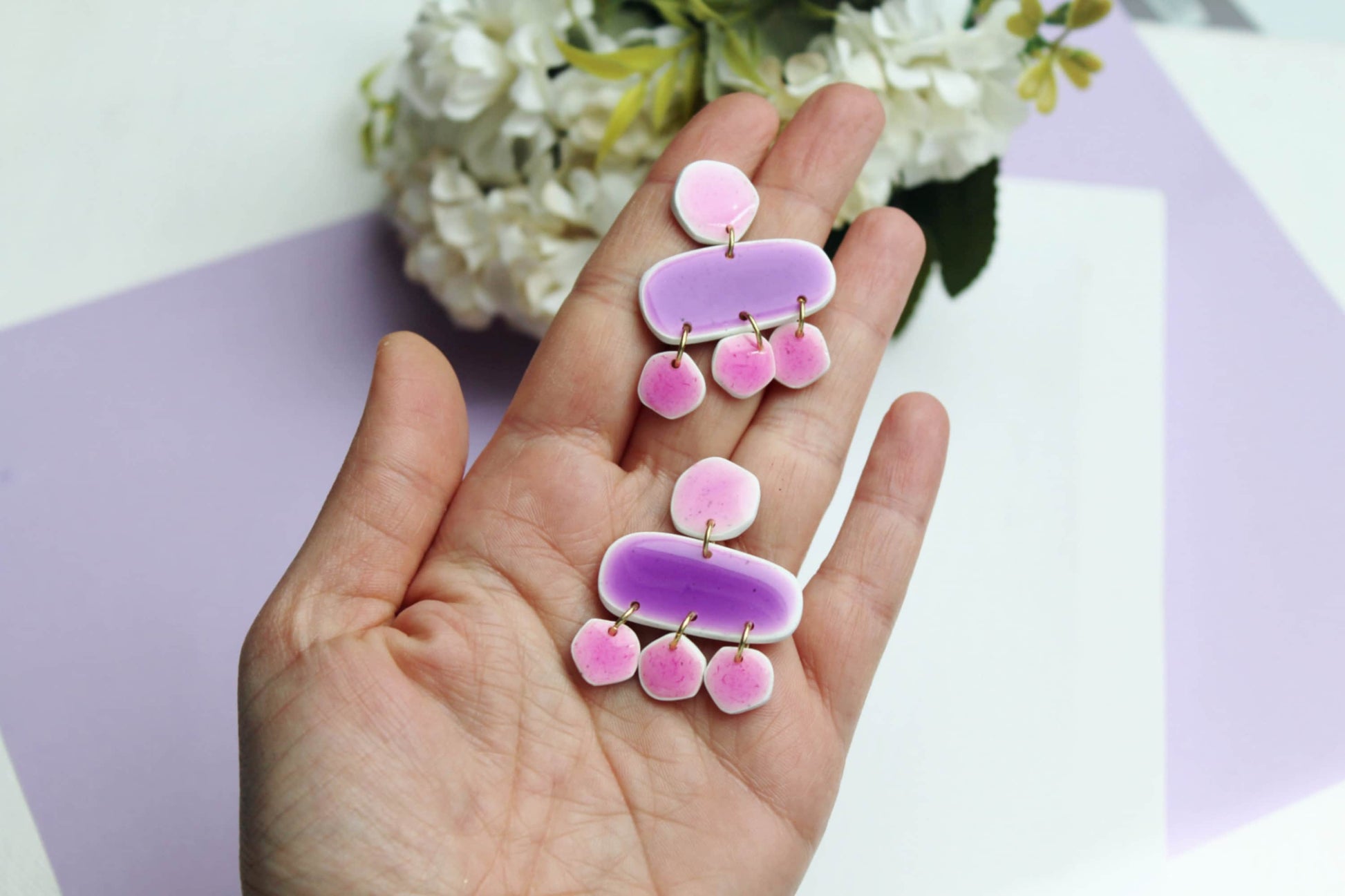 Purple Statement Earrings, Pink Earrings, Modern Dangle Earrings, Ceramic Earrings, Polymer Clay Earrings, Faux Stone,Handmade earrings,Gift