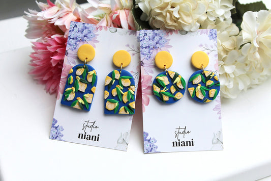 Lemon Earrings, Summer Earrings, Handmade Earrings, Blue, Yellow, Statement Earrings, Spring Earrings, Polymer Clay Earrings, Best Seller