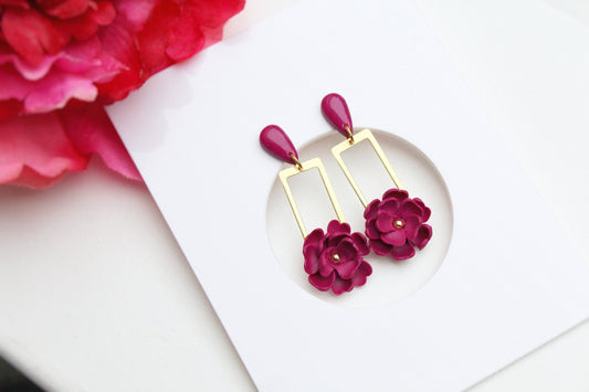 Dangle Floral Earrings, Flower Earrings, Burgundy Earrings, Polymer Clay Earrings, Spring Earrings, Earrings, Handmade Earrings, Statement