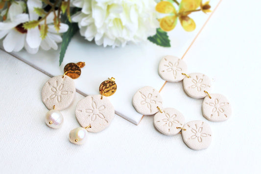 Sand Dollar Earrings, Beach Earrings, Beach Jewelry, Pearl Earrings, Summer Earrings, Polymer Clay Earrings,Statement Earrings,Handmade,Gift