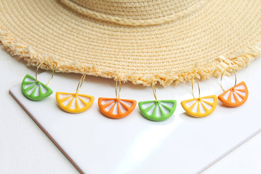 Lemon Earrings, Lime Earrings, Orange Earrings, Citrus Earrings, Hoop Earrings, Spring, Summer Earrings, Polymer Clay Earrings, Food jewelry