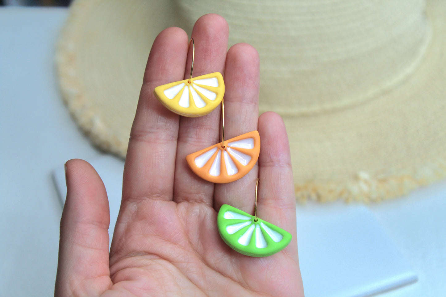 Lemon Earrings, Lime Earrings, Orange Earrings, Citrus Earrings, Hoop Earrings, Spring, Summer Earrings, Polymer Clay Earrings, Food jewelry