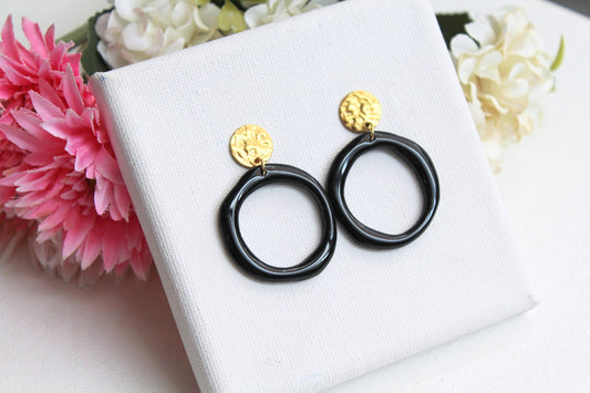 Black Earrings, Dangle Earrings, Polymer Clay Earrings, Minimalist, Elegant Earrings, Black and Gold, Statement Earrings,Handmade,Unique