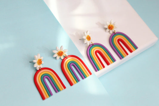 Rainbow Earrings, Daisy and Rainbow Earrings, Statement Earrings, Spring, Summer, Polymer Clay Earrings, Boho, Geometric, Handmade Earrings