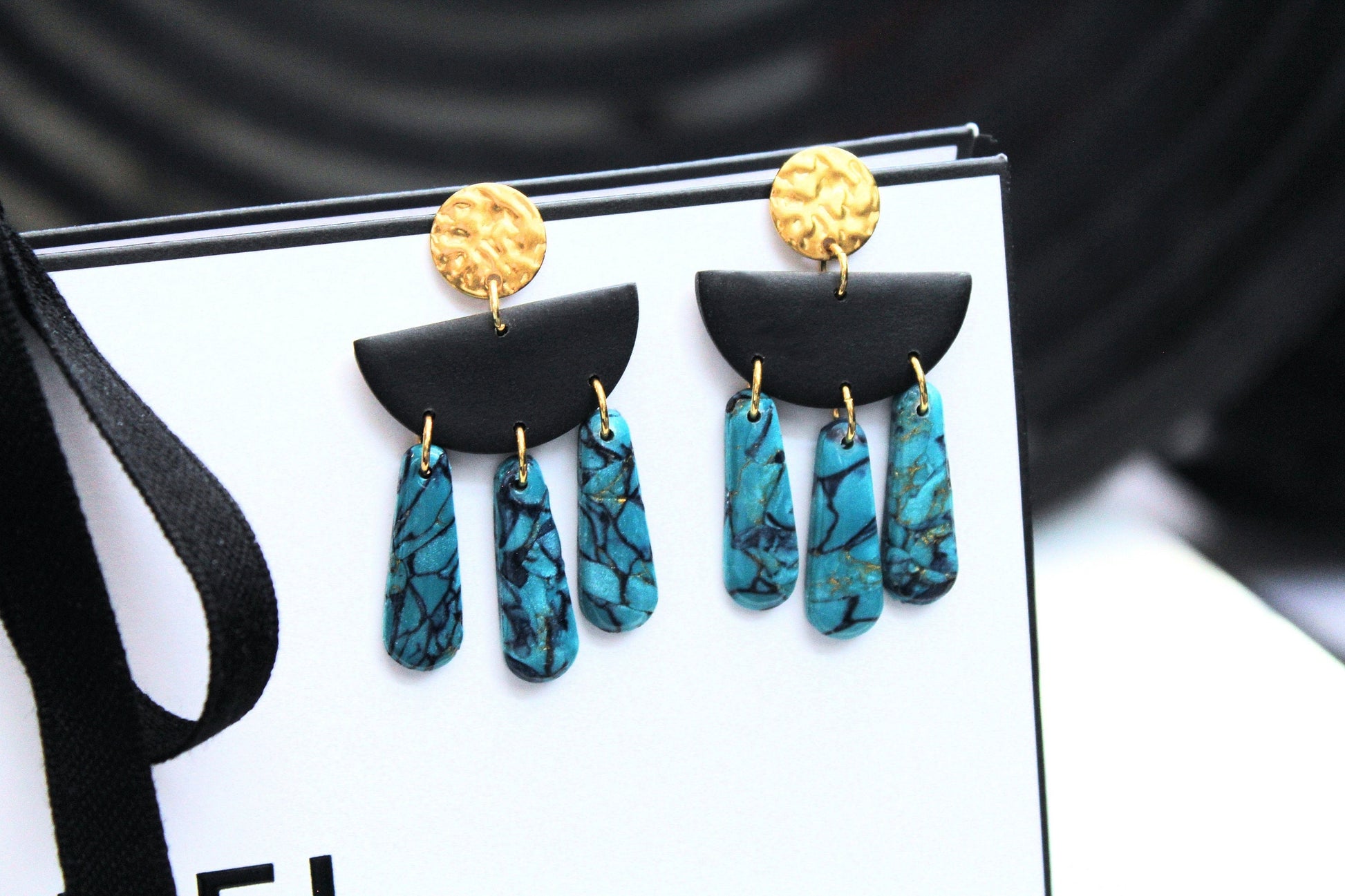 Turquoise Earrings Dangle, Black Turquise Earrings, Polymer Clay Earrings, Handmade Jewelry, Summer Earrings, Turquoise Earrings Gold, Gift