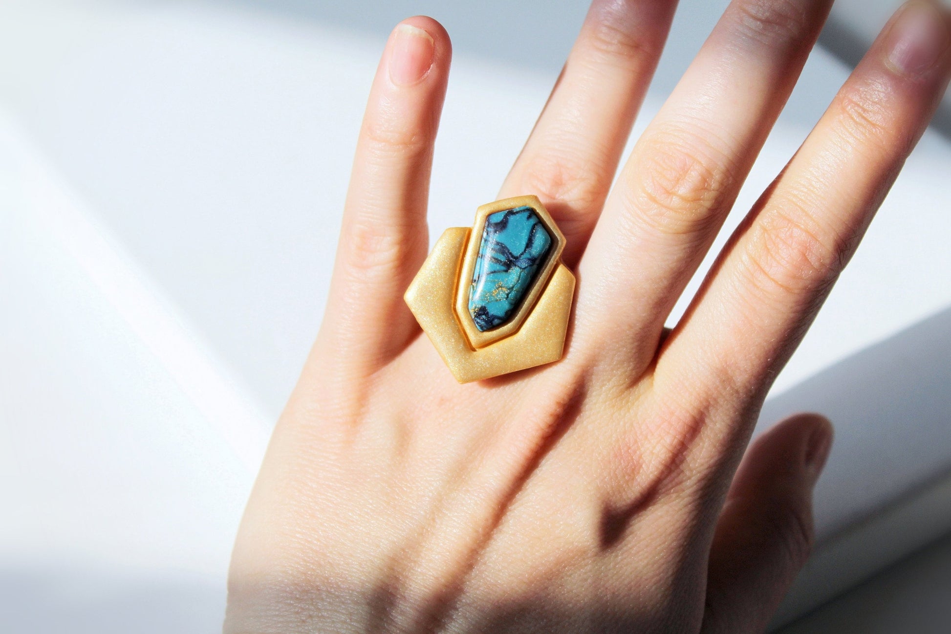 Turquoise Ring, Statement Summer Ring , Handmade Jewelry, Aqua Ring, Marble Clay Jewelry, Elegant, Turquoise Rings, Gift, Polymer Clay Ring