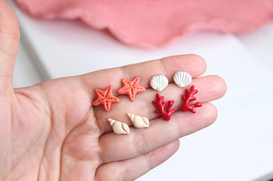 Summer Stud Earrings, Seashell, Seastar, Coral, Starfish, Polymer Clay Stud Earrings, Stud Pack, Tiny Stud Earrings, Tiny Earrings, Handmade