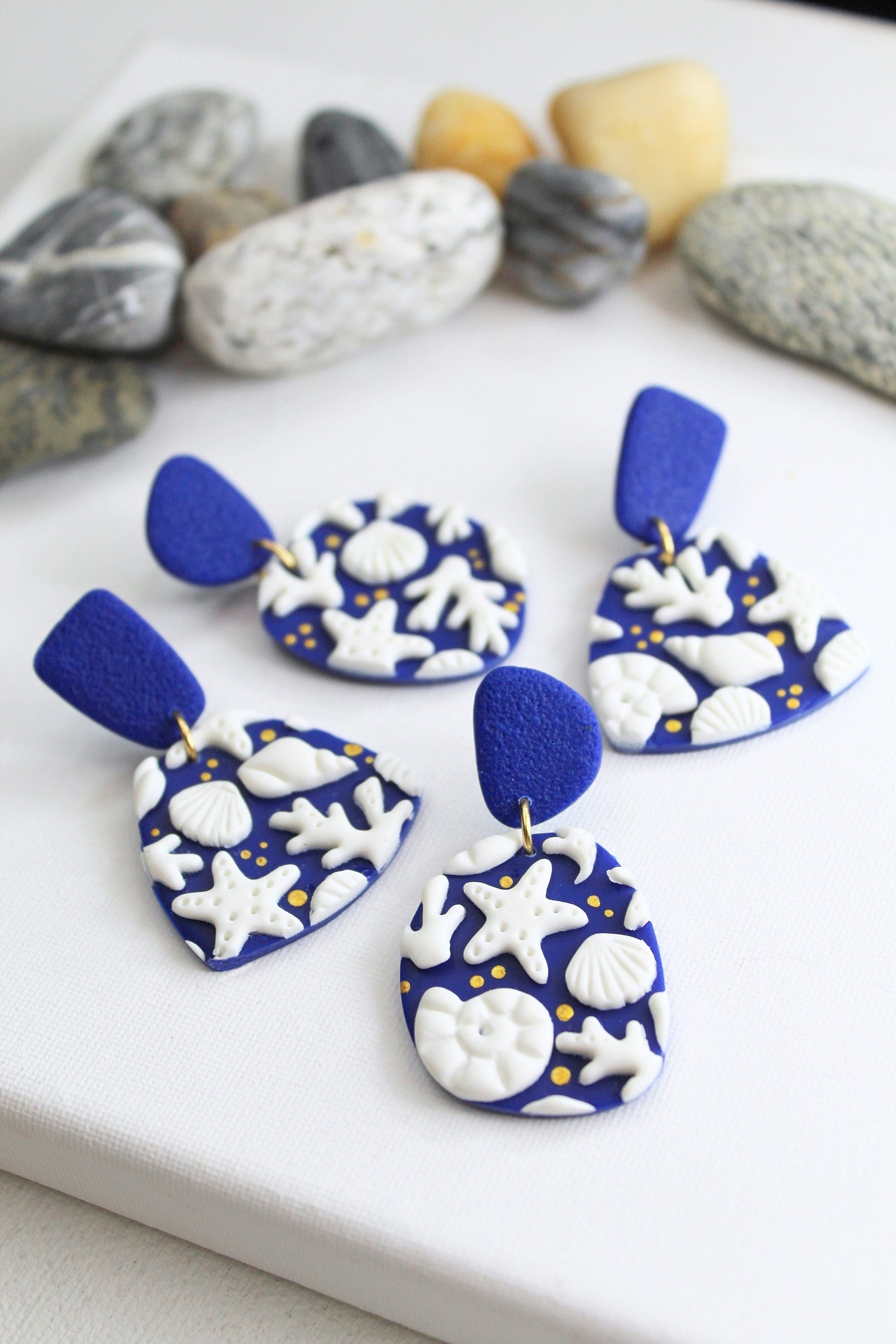Summer Dangle Earrings, Shell, Starfish Earrings, Polymer Clay Earrings, Statement Earrings, Handmade, Gift, Blue, Summer Earrings,Tropical