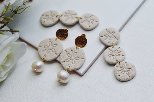 Sand Dollar Earrings, Beach Earrings, Beach Jewelry, Pearl Earrings, Summer Earrings, Polymer Clay Earrings,Statement Earrings,Handmade,Gift