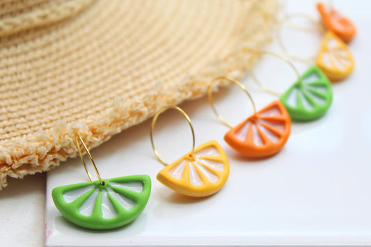 Lemon Earrings, Lime Earrings, Orange Earrings, Citrus Earrings, Hoop Earrings, Spring, Summer Earrings, Polymer Clay Earrings, Food jewelry
