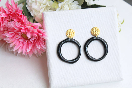 Black Earrings, Dangle Earrings, Polymer Clay Earrings, Minimalist, Elegant Earrings, Black and Gold, Statement Earrings,Handmade,Unique