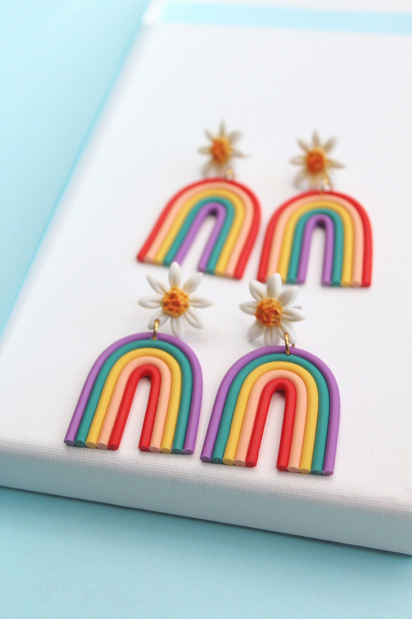 Rainbow Earrings, Daisy and Rainbow Earrings, Statement Earrings, Spring, Summer, Polymer Clay Earrings, Boho, Geometric, Handmade Earrings