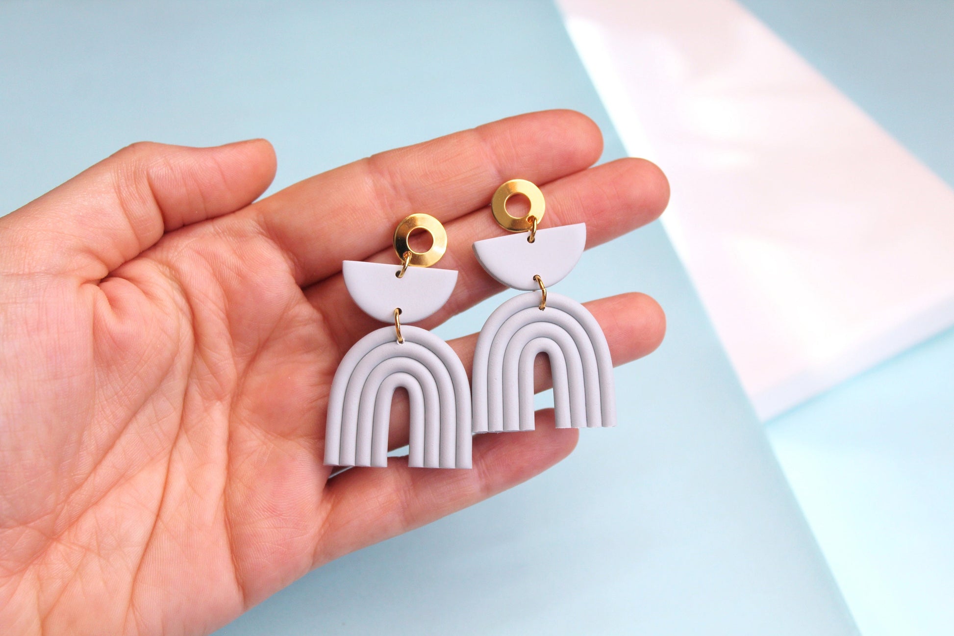 Light Blue Rainbow Earrings, Boho Earrings, Statement Earrings, Clay Earrings, Geometric, Rainbow Clay Earrings,Minimalist,Handmade Gift
