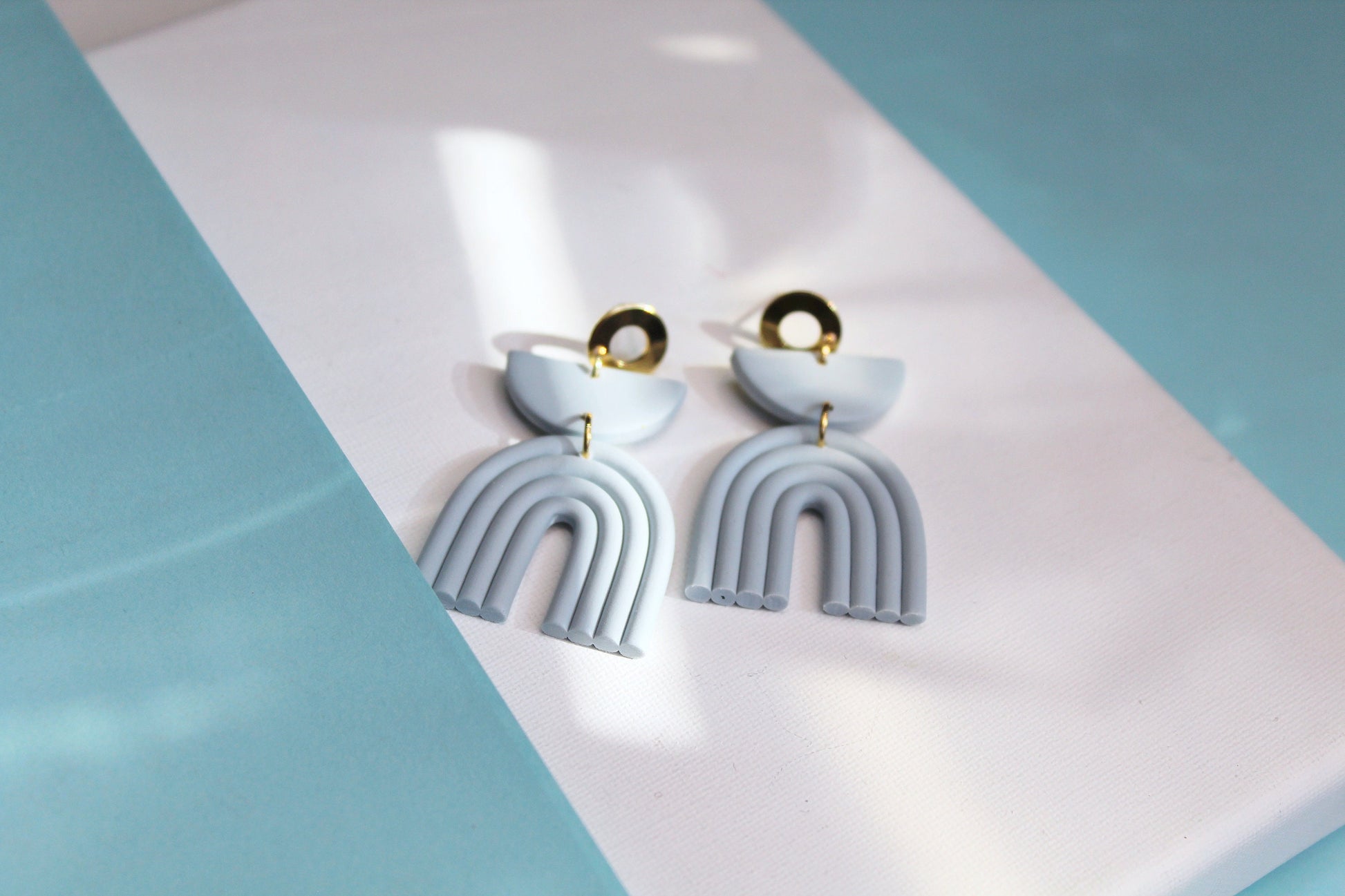Light Blue Rainbow Earrings, Boho Earrings, Statement Earrings, Clay Earrings, Geometric, Rainbow Clay Earrings,Minimalist,Handmade Gift