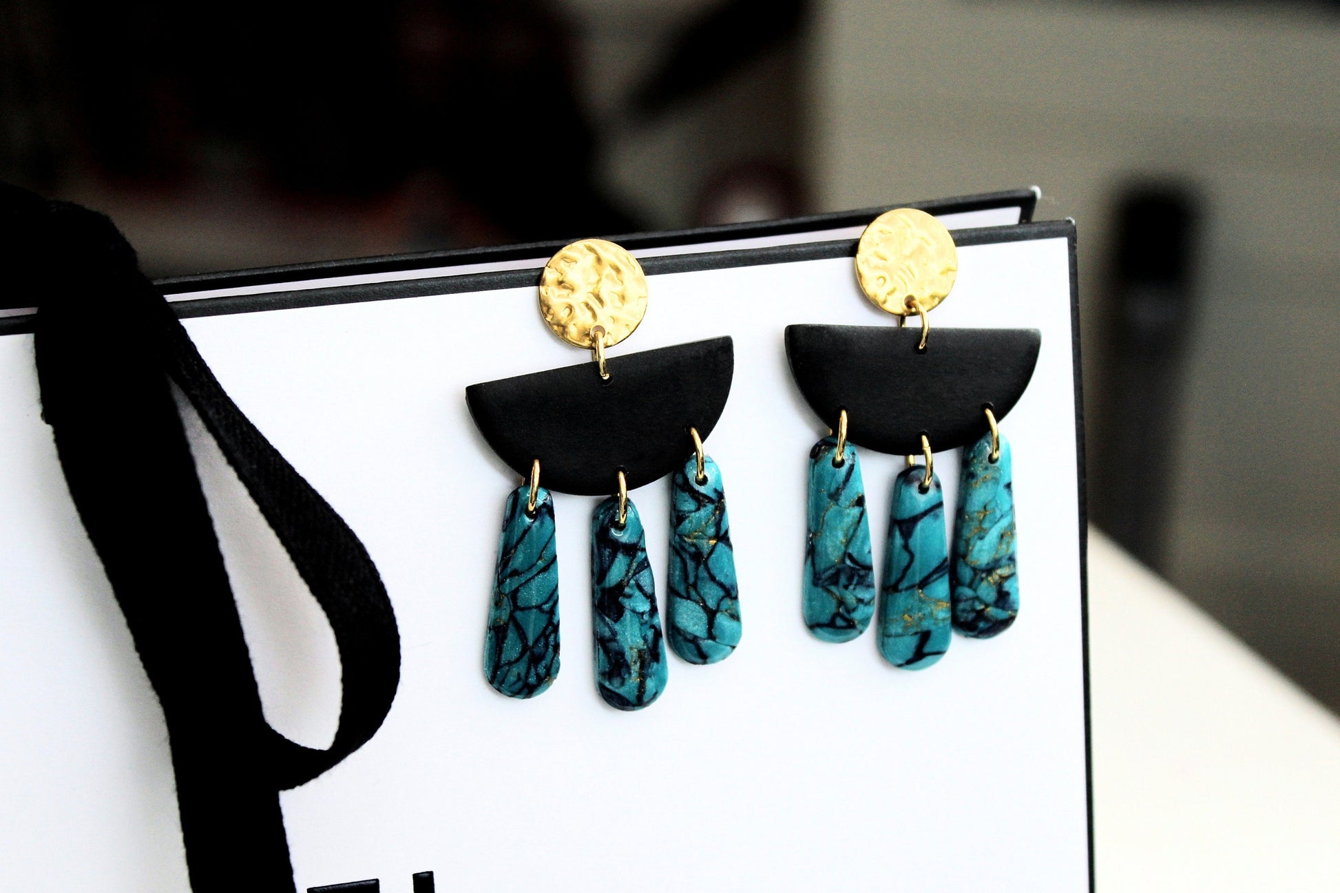 Turquoise Earrings Dangle, Black Turquise Earrings, Polymer Clay Earrings, Handmade Jewelry, Summer Earrings, Turquoise Earrings Gold, Gift