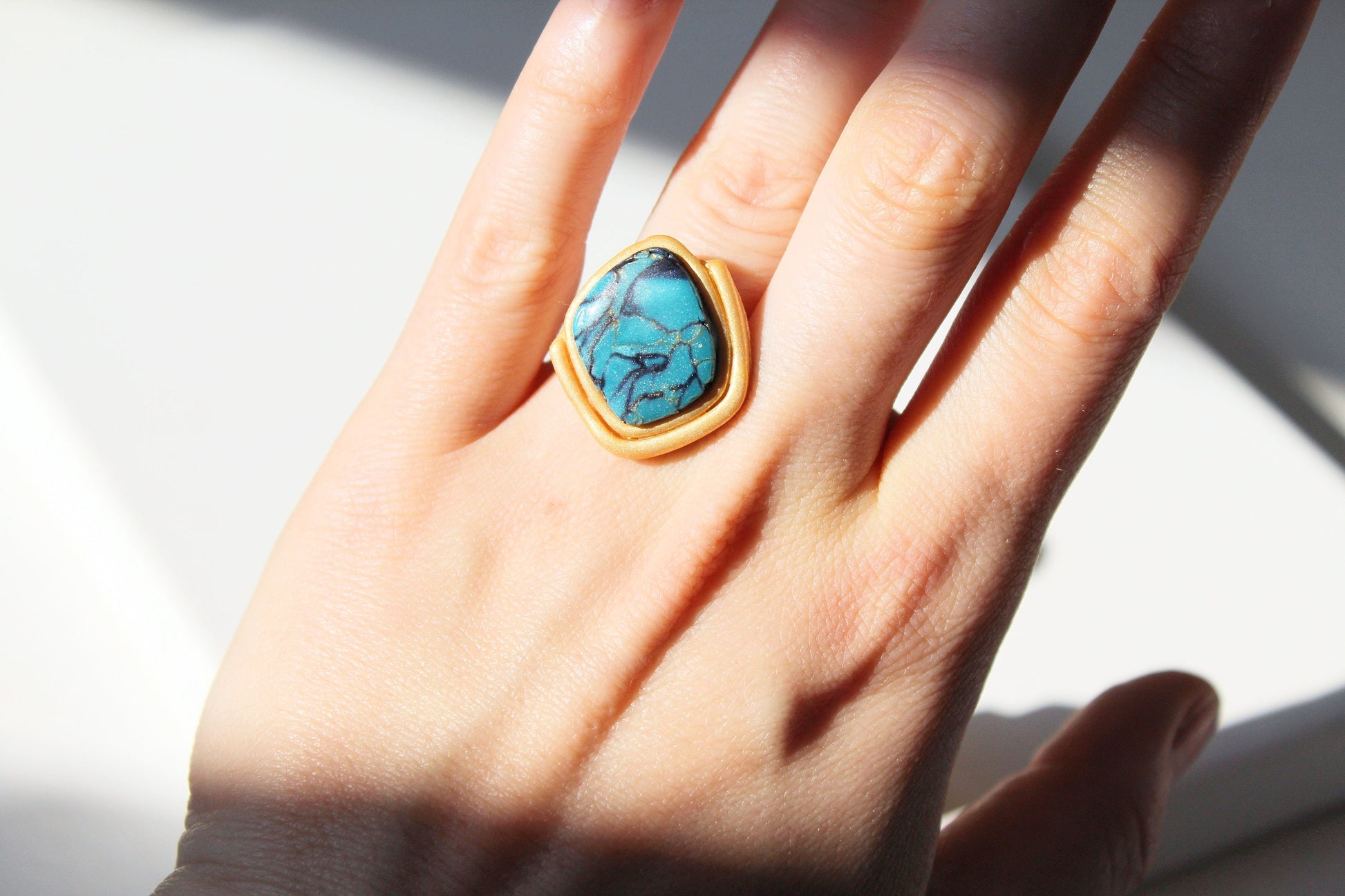 Turquoise Ring, Statement Summer Ring , Handmade Jewelry, Aqua Ring, Marble Clay Jewelry, Elegant, Turquoise Rings, Gift, Polymer Clay Ring