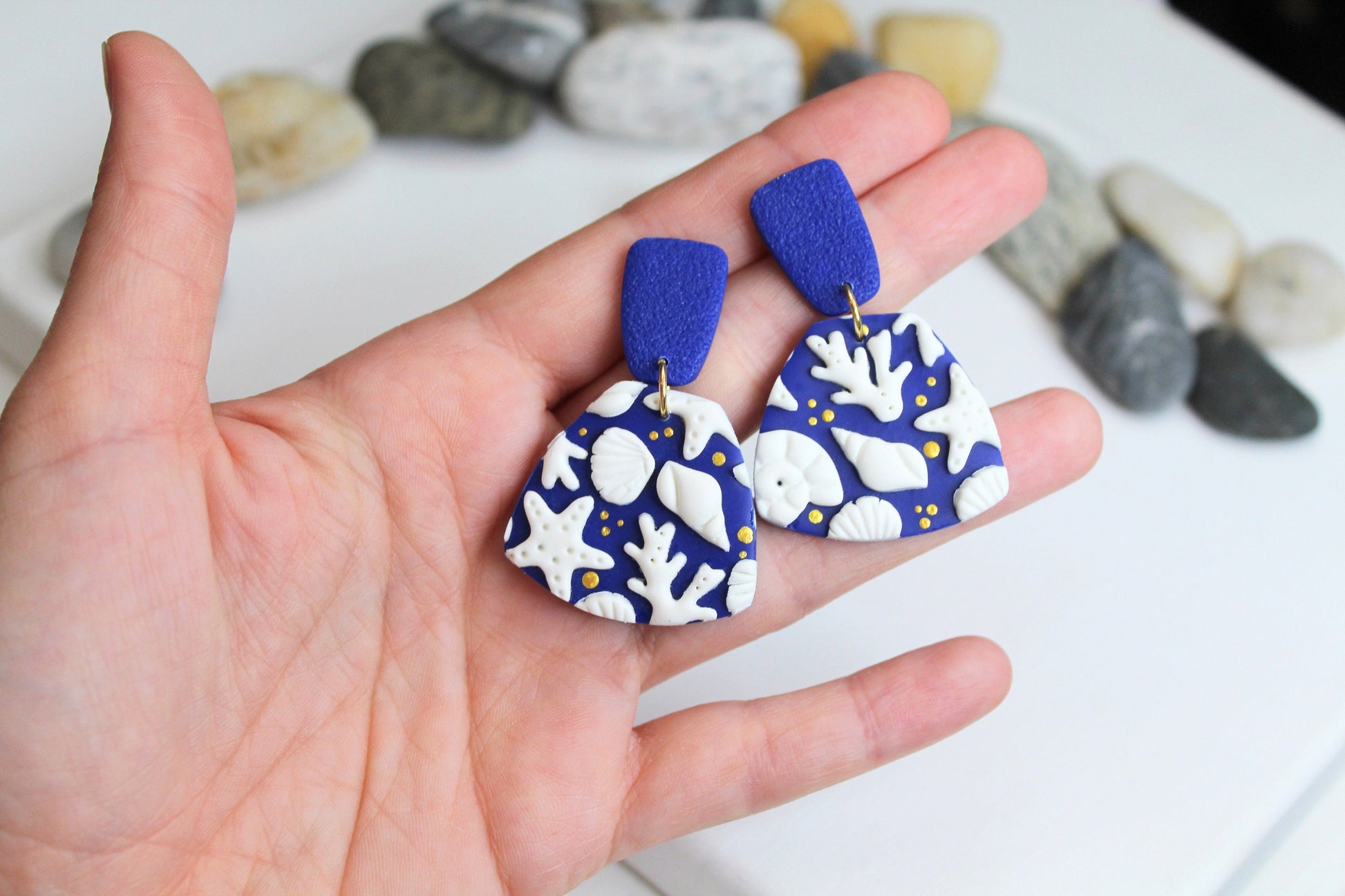 Summer Dangle Earrings, Shell, Starfish Earrings, Polymer Clay Earrings, Statement Earrings, Handmade, Gift, Blue, Summer Earrings,Tropical