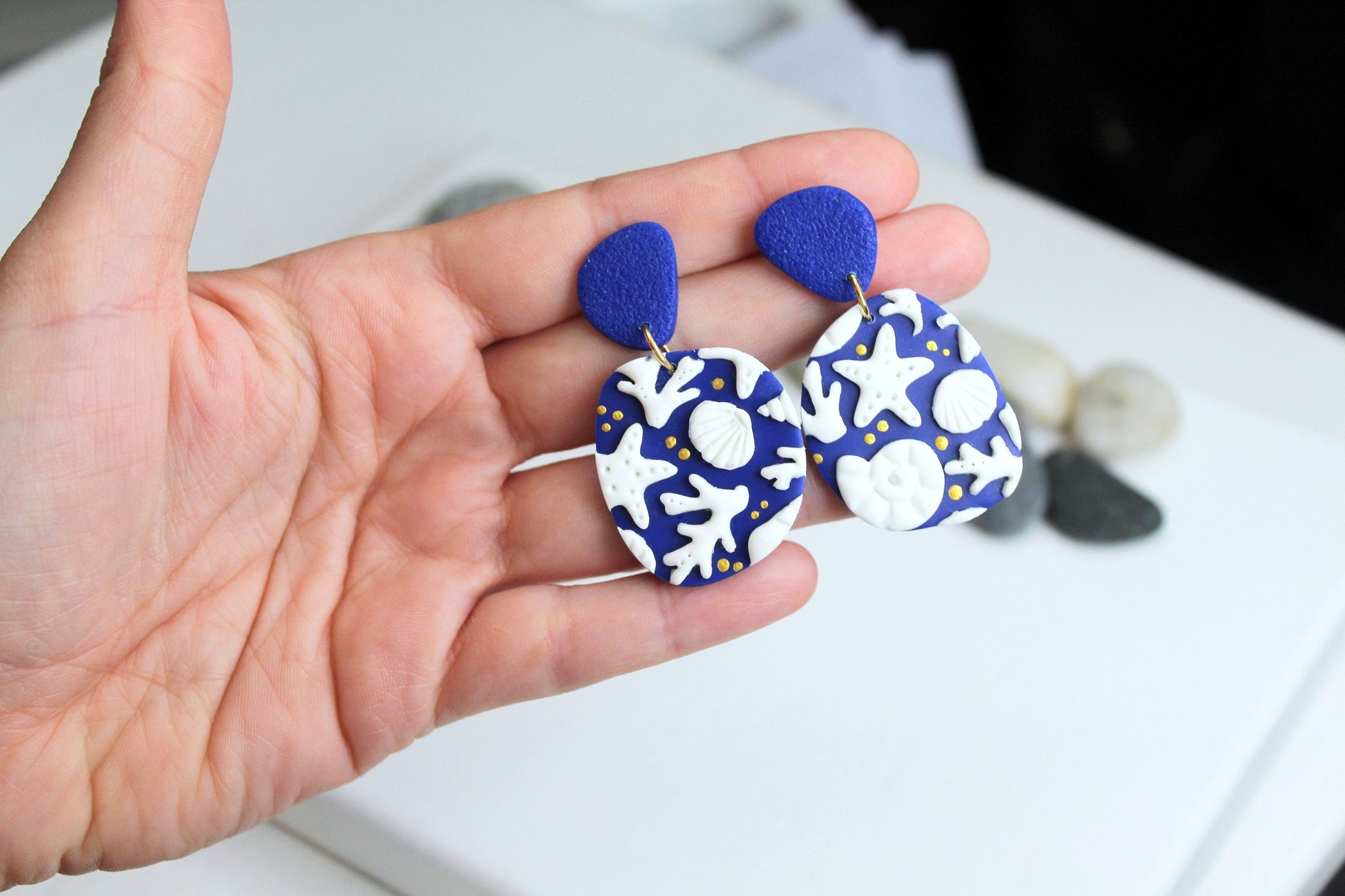 Summer Dangle Earrings, Shell, Starfish Earrings, Polymer Clay Earrings, Statement Earrings, Handmade, Gift, Blue, Summer Earrings,Tropical