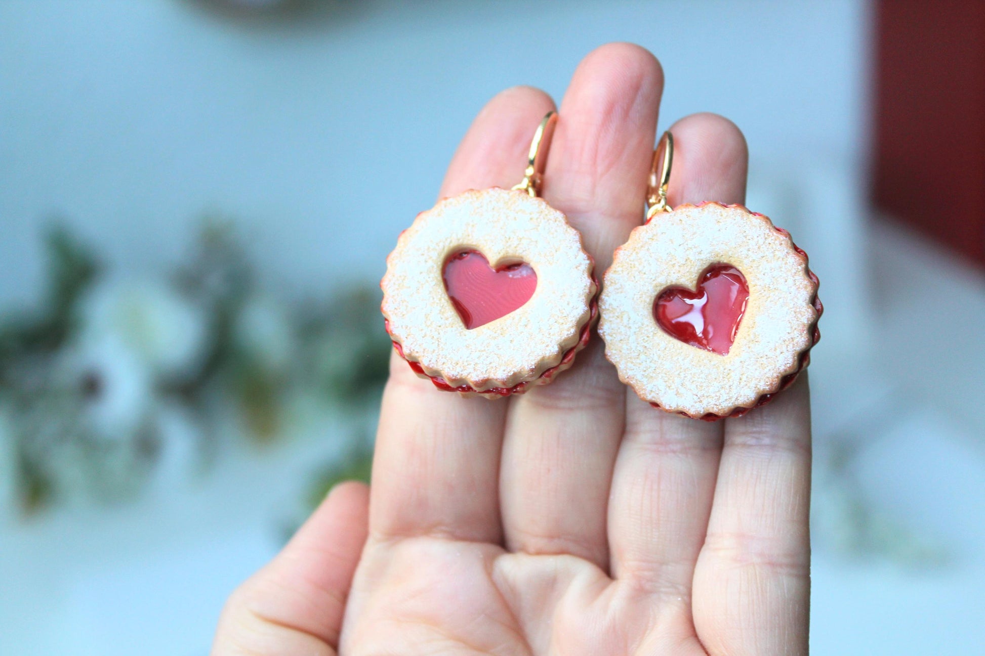 Linzer Cookie Earrings, Cookie Heart Earrings, Cookie Earrings, Valentine's Day Earrings, Polymer Clay Earrings, Cute Earrings, Handmade
