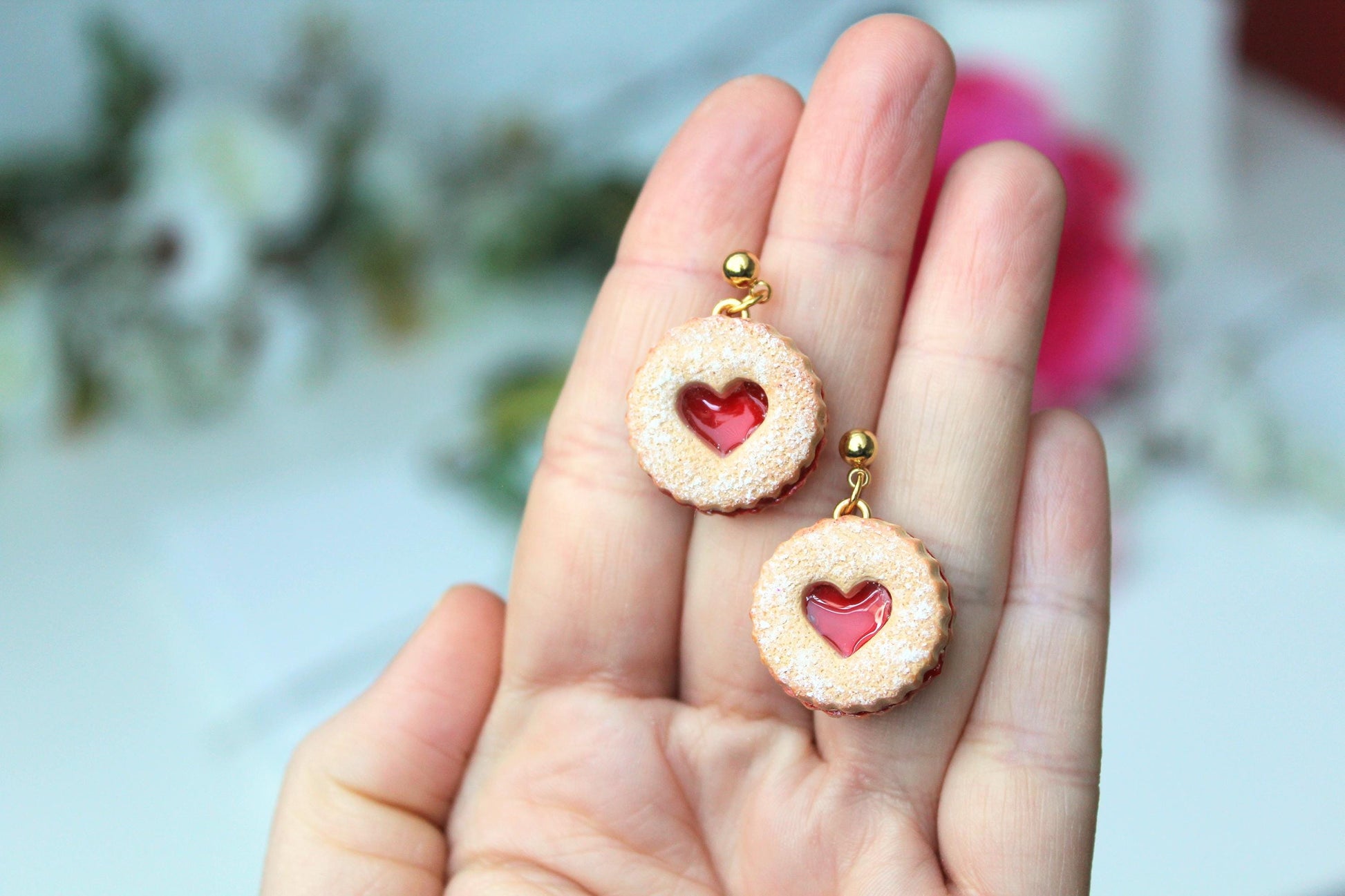 Linzer Cookie Earrings, Cookie Heart Earrings, Cookie Earrings, Valentine's Day Earrings, Polymer Clay Earrings, Cute Earrings, Handmade