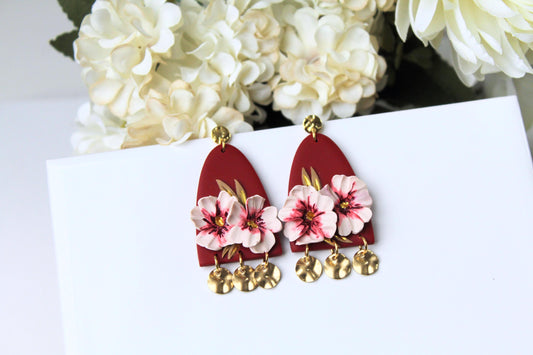 Flower Earrings, Burgundy Earrings, Floral Earrings, Polymer Clay Floral Earrings, Spring Earrings,Elegant Statement Earrings, Handmade,Gift