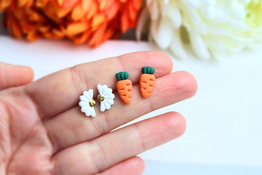 Easter Stud Earrings, Carrot Earrings, Tiny Stud Earrings, Polymer Clay Earrings, Daisy Studs, Earring Stud Pack, Spring Earrings, Handmade