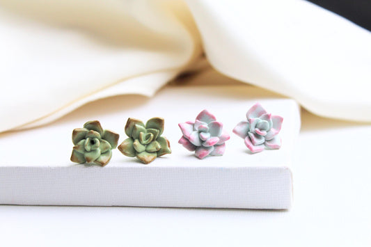 Succulent Earrings, Succulent Earrings Stud, Polymer Clay Earrings, Botanical Earrings, Handmade Earrings, Stud Earrings, Studs, Green, Gift