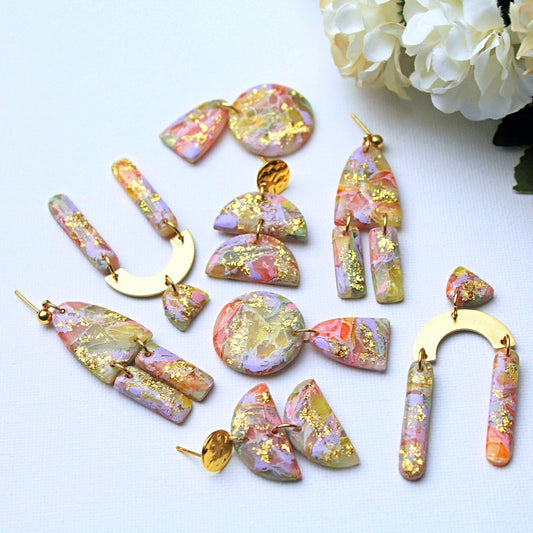 Marble Earrings, Statement Earrings, Pink, Green, Purple, Orange, Elegant Earrings, Polymer Clay Earrings, Aesthetic, Gold, Unique Earrings
