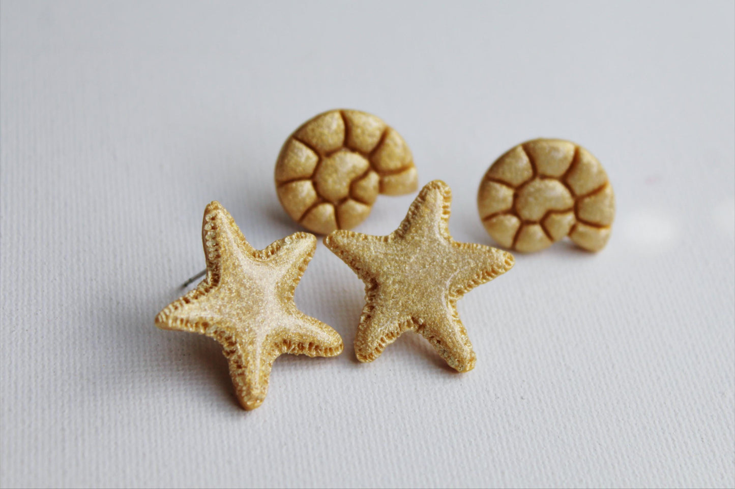Seashell Stud Earrings SET, Summer Stud Earring Set, Polymer Clay Stud Earrings, Stud Pack, Summer Earrings,Handmade,Stud Set, Gold Starfish