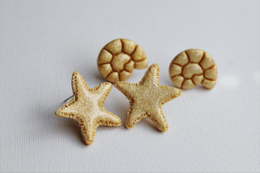 Seashell Stud Earrings SET, Summer Stud Earring Set, Polymer Clay Stud Earrings, Stud Pack, Summer Earrings,Handmade,Stud Set, Gold Starfish
