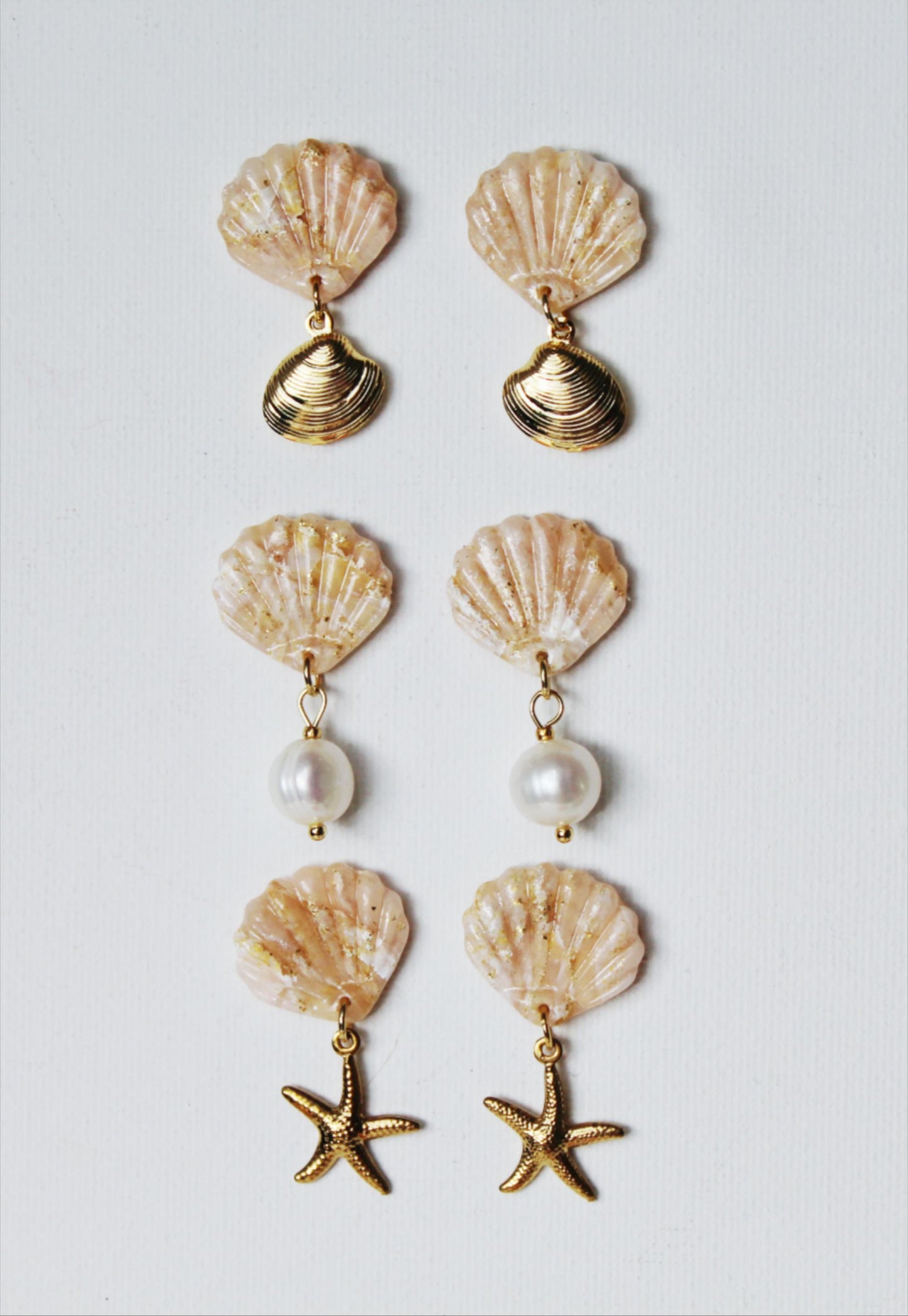 Elegant Shell Earrings, Starfish Seashell Earrings, Shell with Pearl, Polymer Clay Earrings, Freshwater Pearl Earrings, Summer Earrings