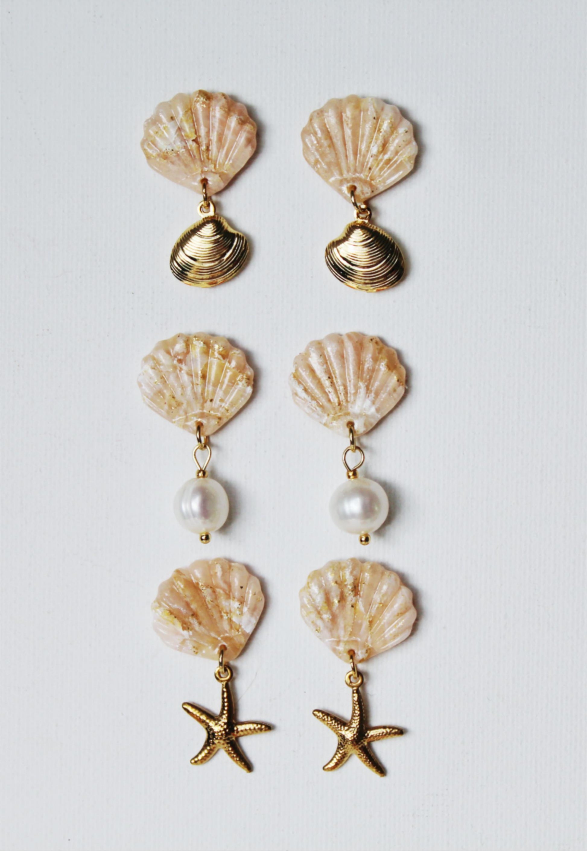 Elegant Shell Earrings, Starfish Seashell Earrings, Shell with Pearl, Polymer Clay Earrings, Freshwater Pearl Earrings, Summer Earrings
