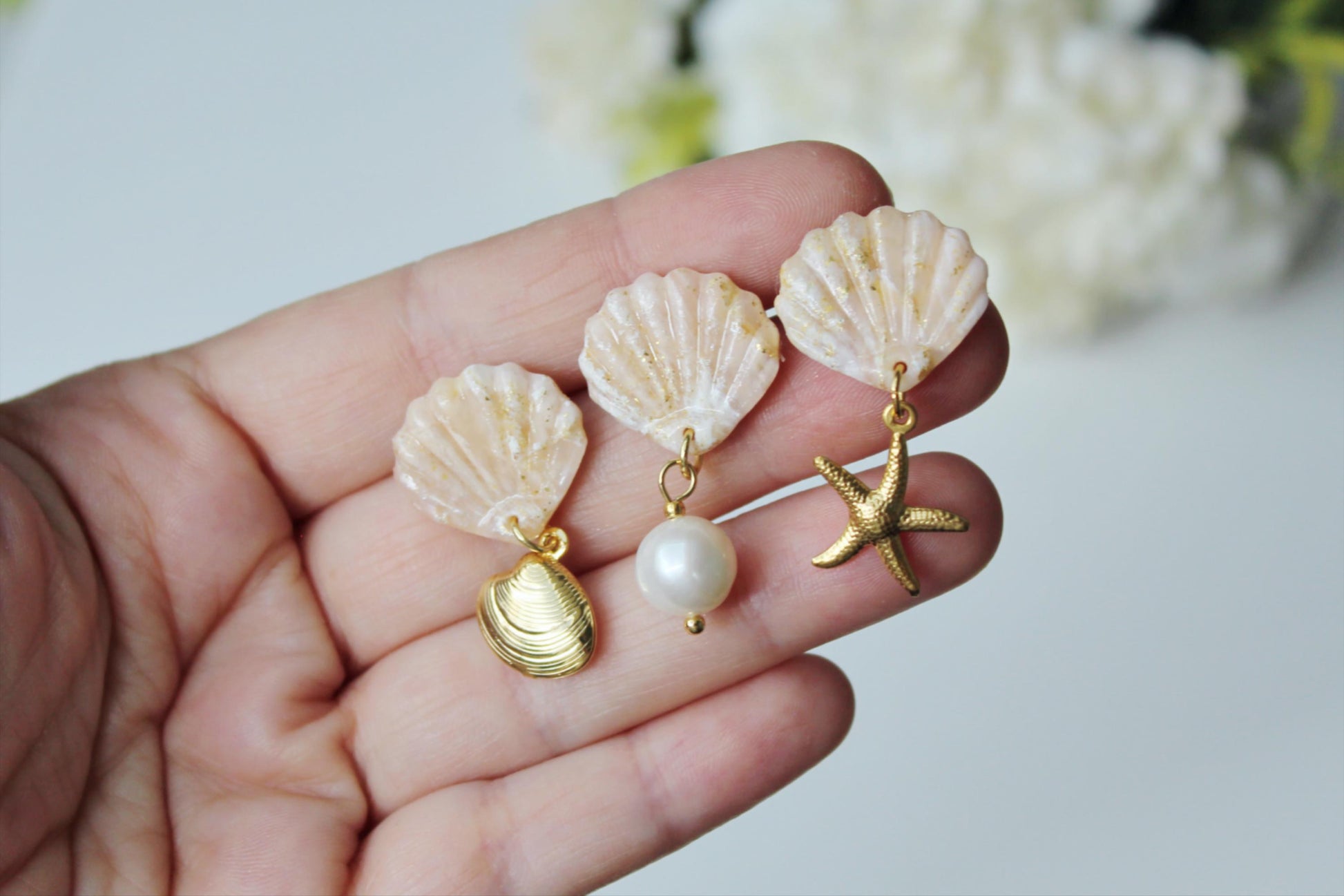 Elegant Shell Earrings, Starfish Seashell Earrings, Shell with Pearl, Polymer Clay Earrings, Freshwater Pearl Earrings, Summer Earrings