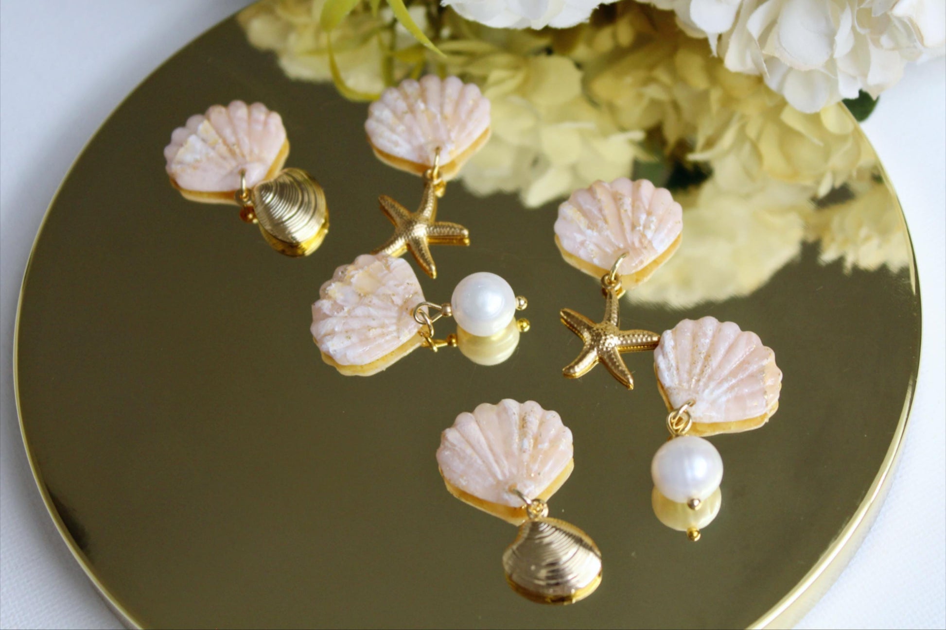 Elegant Shell Earrings, Starfish Seashell Earrings, Shell with Pearl, Polymer Clay Earrings, Freshwater Pearl Earrings, Summer Earrings