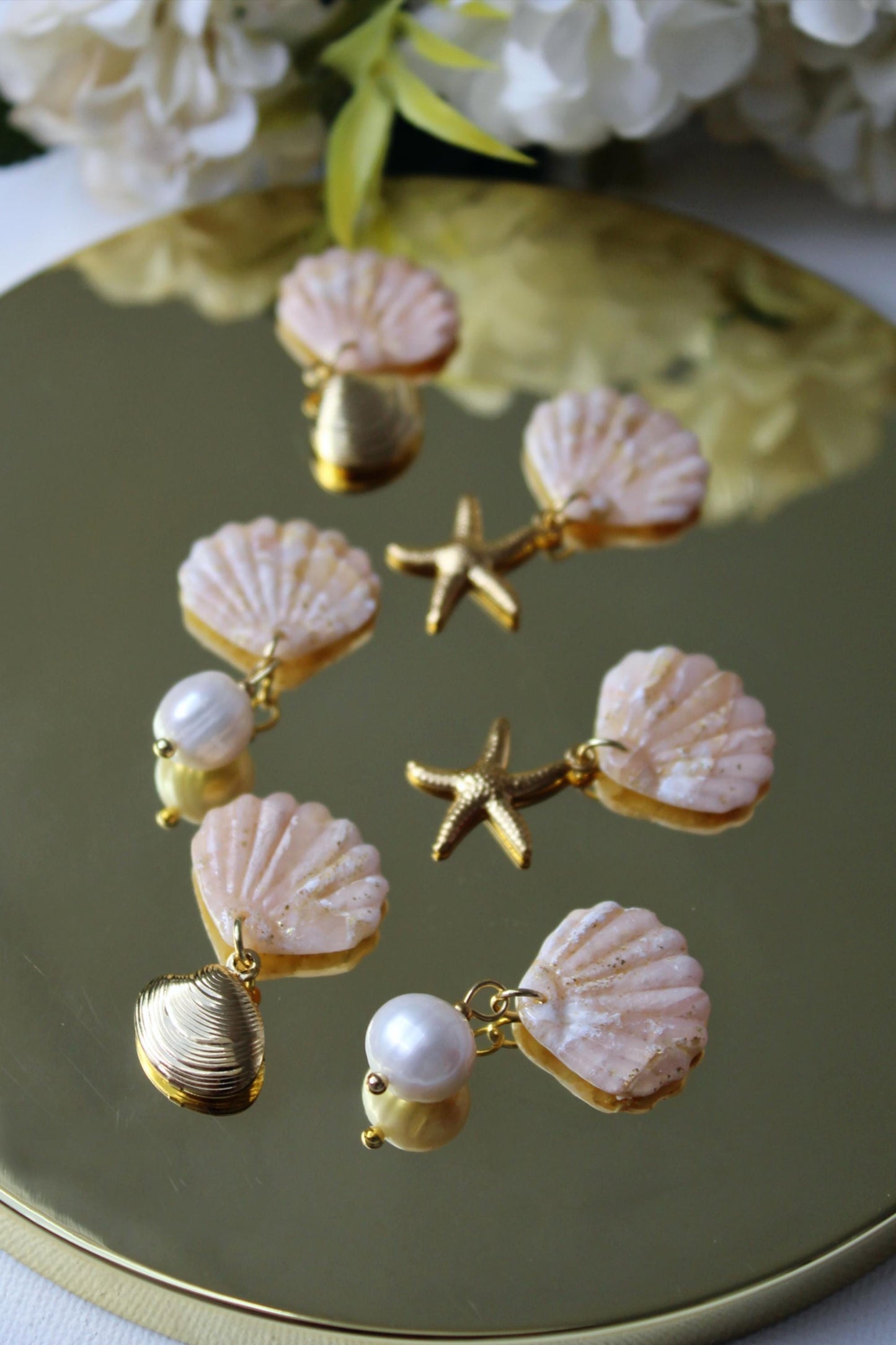 Elegant Shell Earrings, Starfish Seashell Earrings, Shell with Pearl, Polymer Clay Earrings, Freshwater Pearl Earrings, Summer Earrings