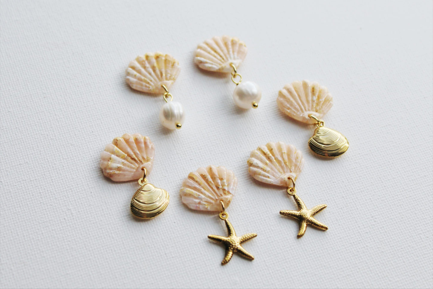 Elegant Shell Earrings, Starfish Seashell Earrings, Shell with Pearl, Polymer Clay Earrings, Freshwater Pearl Earrings, Summer Earrings