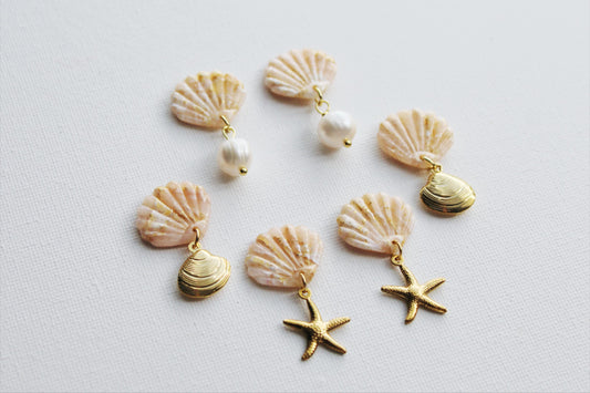 Elegant Shell Earrings, Starfish Seashell Earrings, Shell with Pearl, Polymer Clay Earrings, Freshwater Pearl Earrings, Summer Earrings