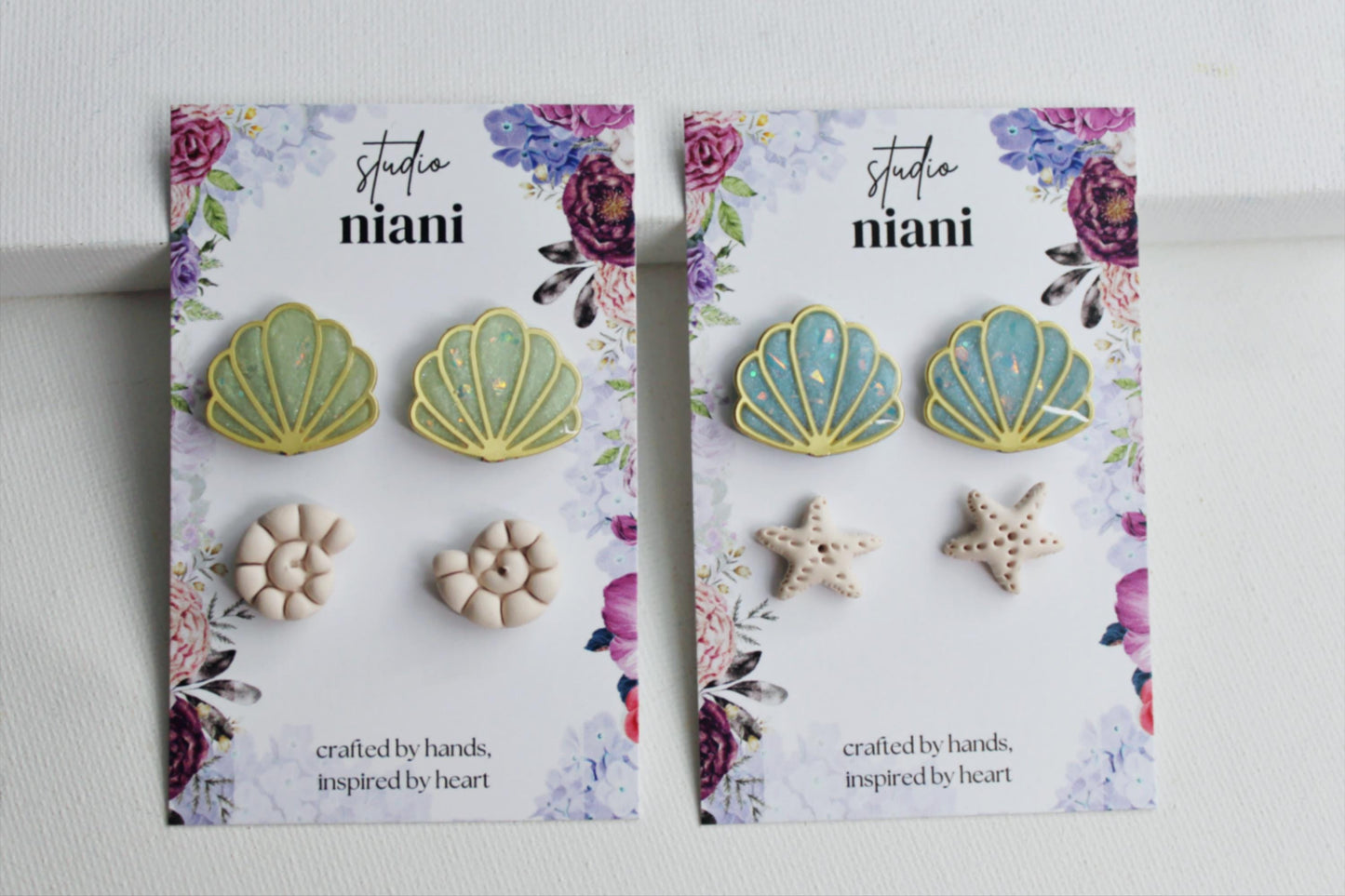 Pearl Stud SET, Summer Stud Earrings, Seashell, Starfish, Polymer Clay Stud Earrings, Stud Pack, Light Blue and Green, Marble, Handmade