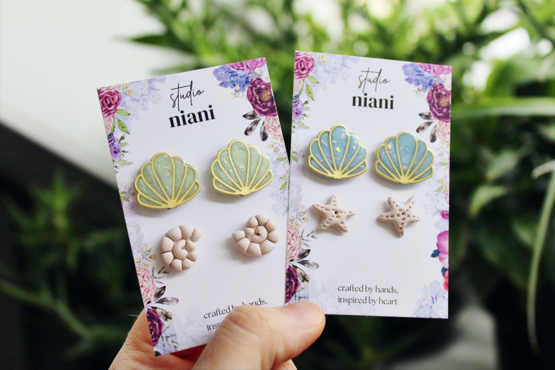 Pearl Stud SET, Summer Stud Earrings, Seashell, Starfish, Polymer Clay Stud Earrings, Stud Pack, Light Blue and Green, Marble, Handmade