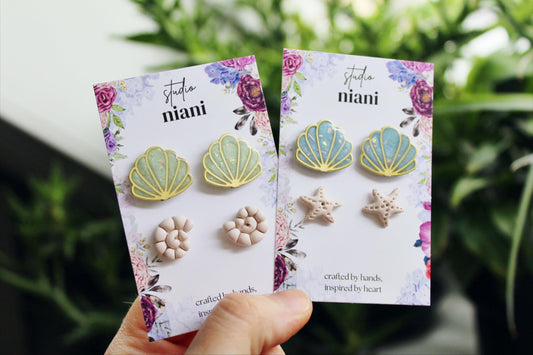 Pearl Stud SET, Summer Stud Earrings, Seashell, Starfish, Polymer Clay Stud Earrings, Stud Pack, Light Blue and Green, Marble, Handmade