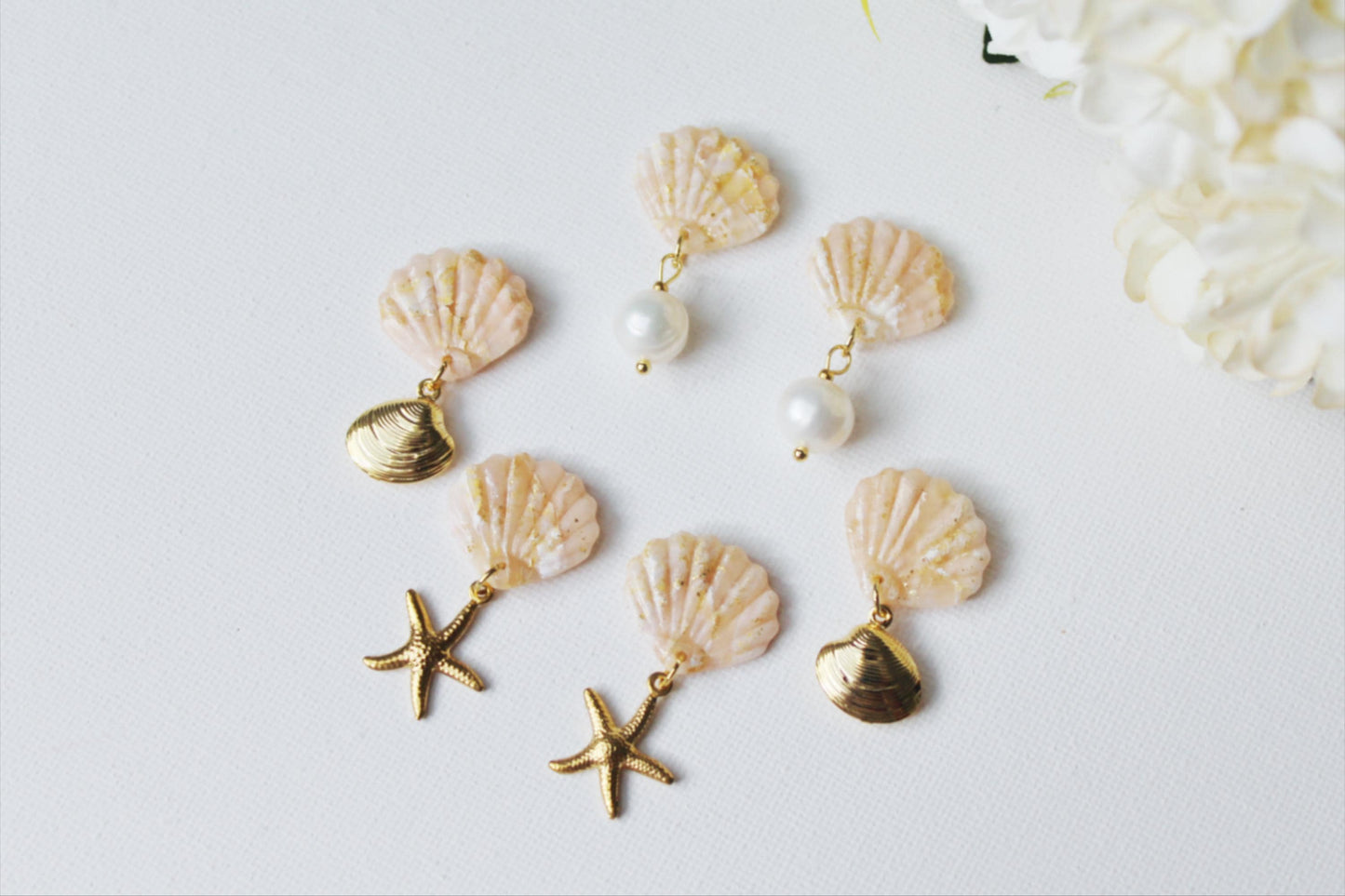 Elegant Shell Earrings, Starfish Seashell Earrings, Shell with Pearl, Polymer Clay Earrings, Freshwater Pearl Earrings, Summer Earrings