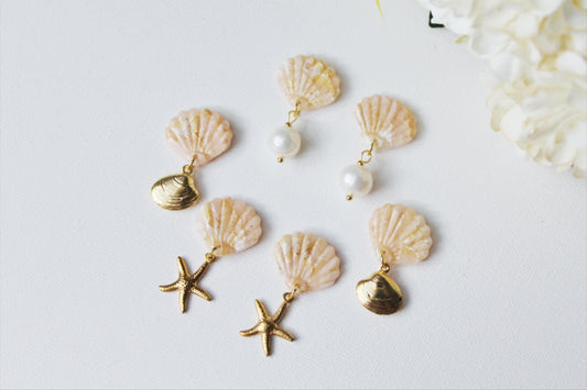 Elegant Shell Earrings, Starfish Seashell Earrings, Shell with Pearl, Polymer Clay Earrings, Freshwater Pearl Earrings, Summer Earrings